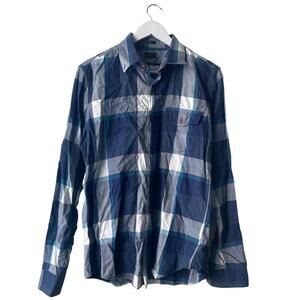 J. Crew Mens Blue Beige Cotton Flannel Plaid Notch Collar Western Shirt - M